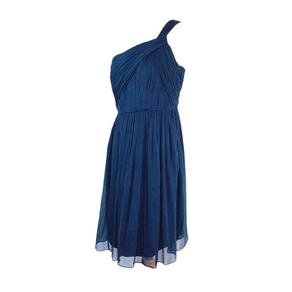 Amsale One Shoulder Party Cocktail Silk Navy Dress 4 Bridesmaid Wedding Guest - Picture 4 of 12